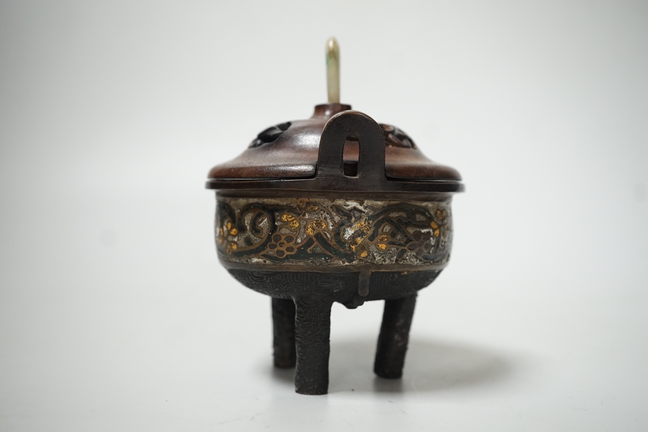 A Chinese or Japanese champleve enamel censer, wood cover, late 19th century, 12cm